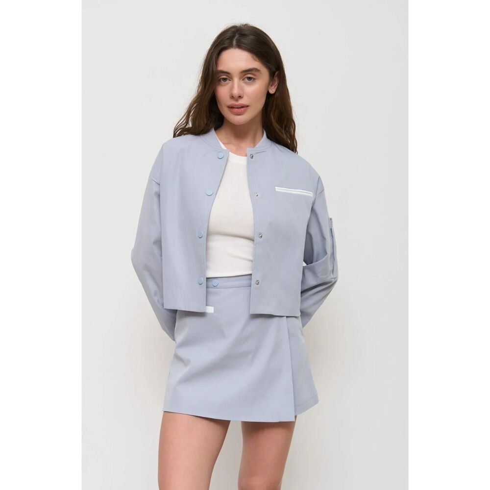 SOLMAR NWT Cropped Bomber Jacket and Matching Skirt Set L Grey Casual Modern